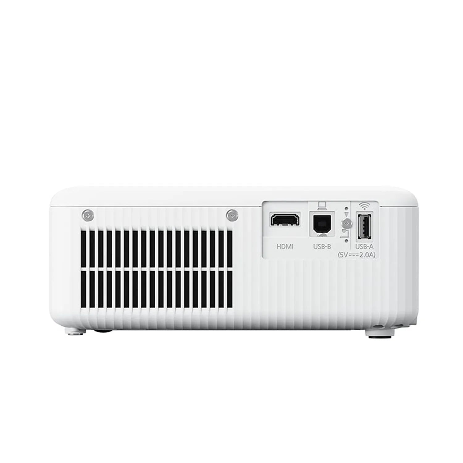 Rear connectivity panel of Epson CO-FH01 Smart Projector featuring HDMI, USB-A, and USB-B ports with exhaust vent -tpstech.in