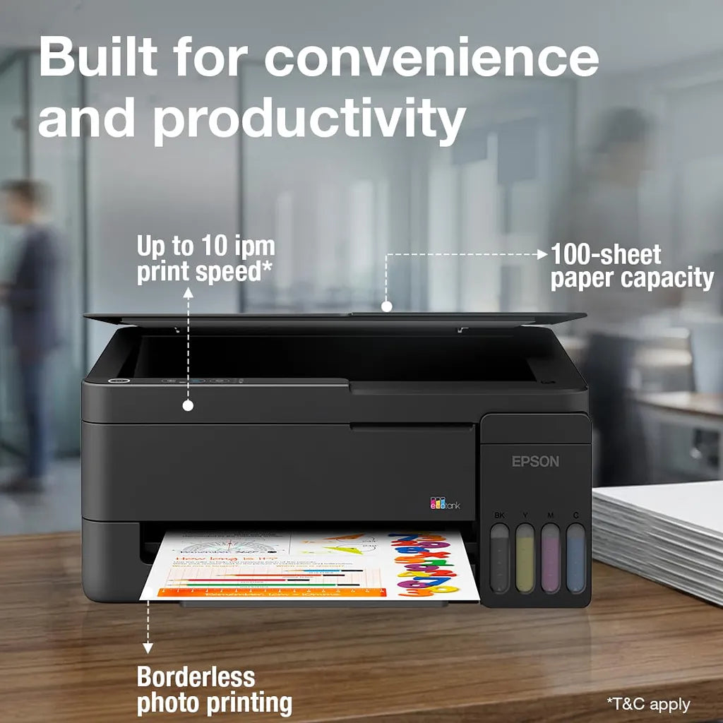 Epson EcoTank L3313 A4 Colour All-in-One Ink Tank Printer showing 10 ipm print speed 100 sheet paper capacity and borderless photo printing -tpstech.in