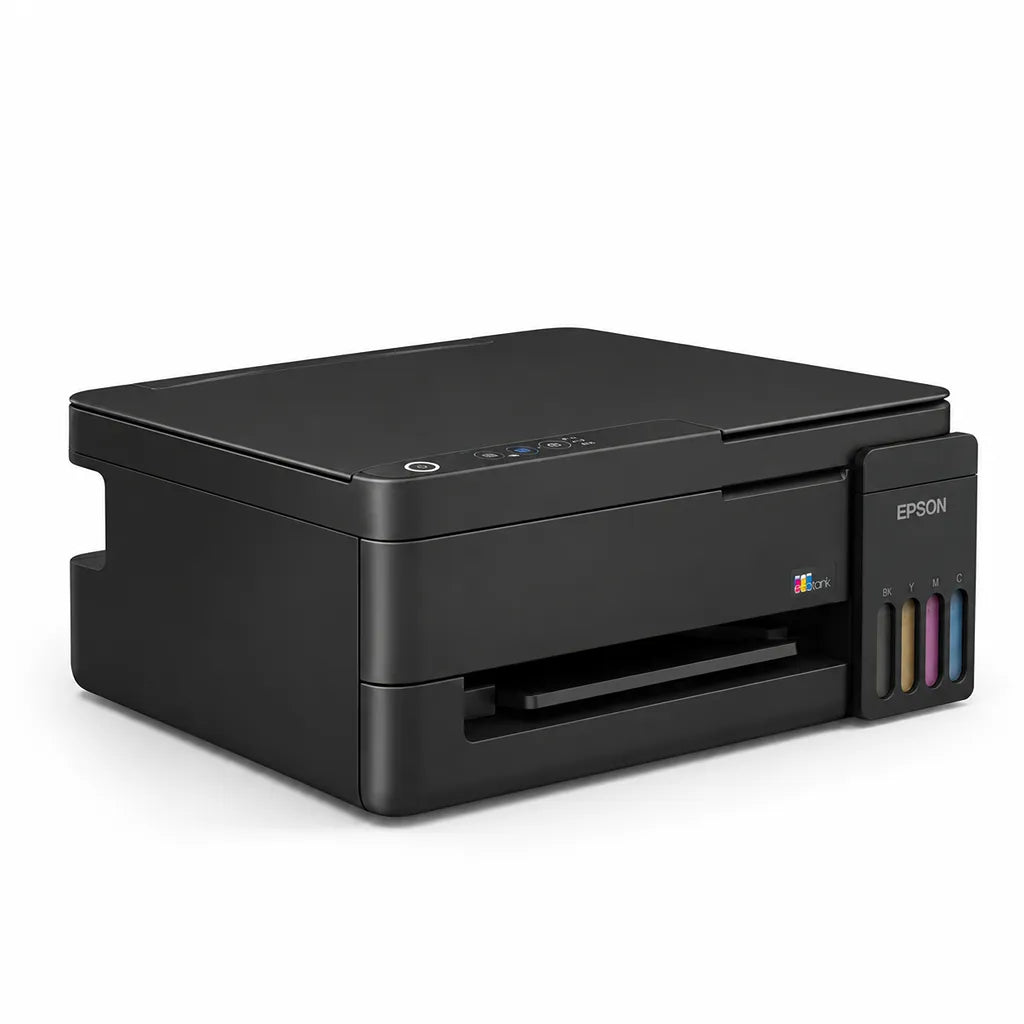 Angled perspective view of Epson EcoTank L3313 A4 Colour All-in-One Ink Tank Printer with front ink level windows -tpstech.in