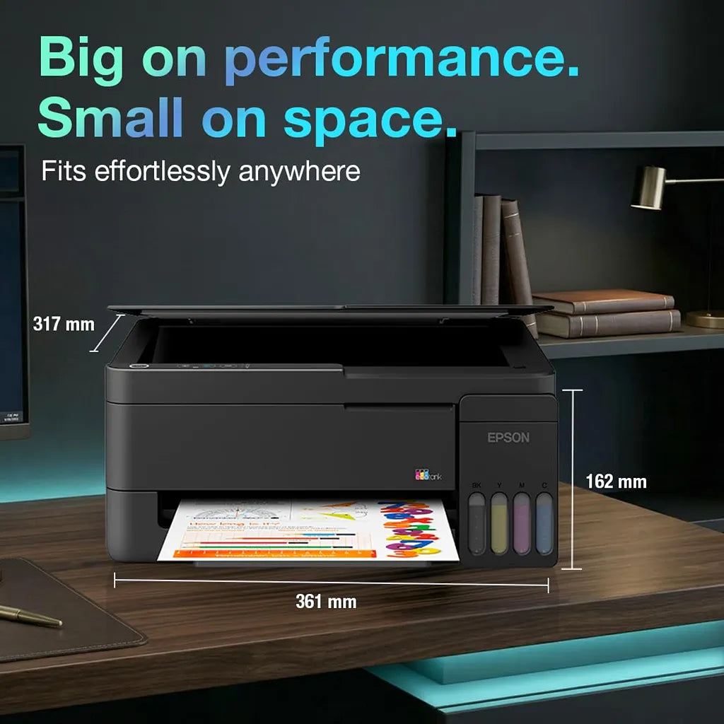 Epson EcoTank L3313 A4 Colour All-in-One Ink Tank Printer dimensions showing compact space saving design on a desk -tpstech.in