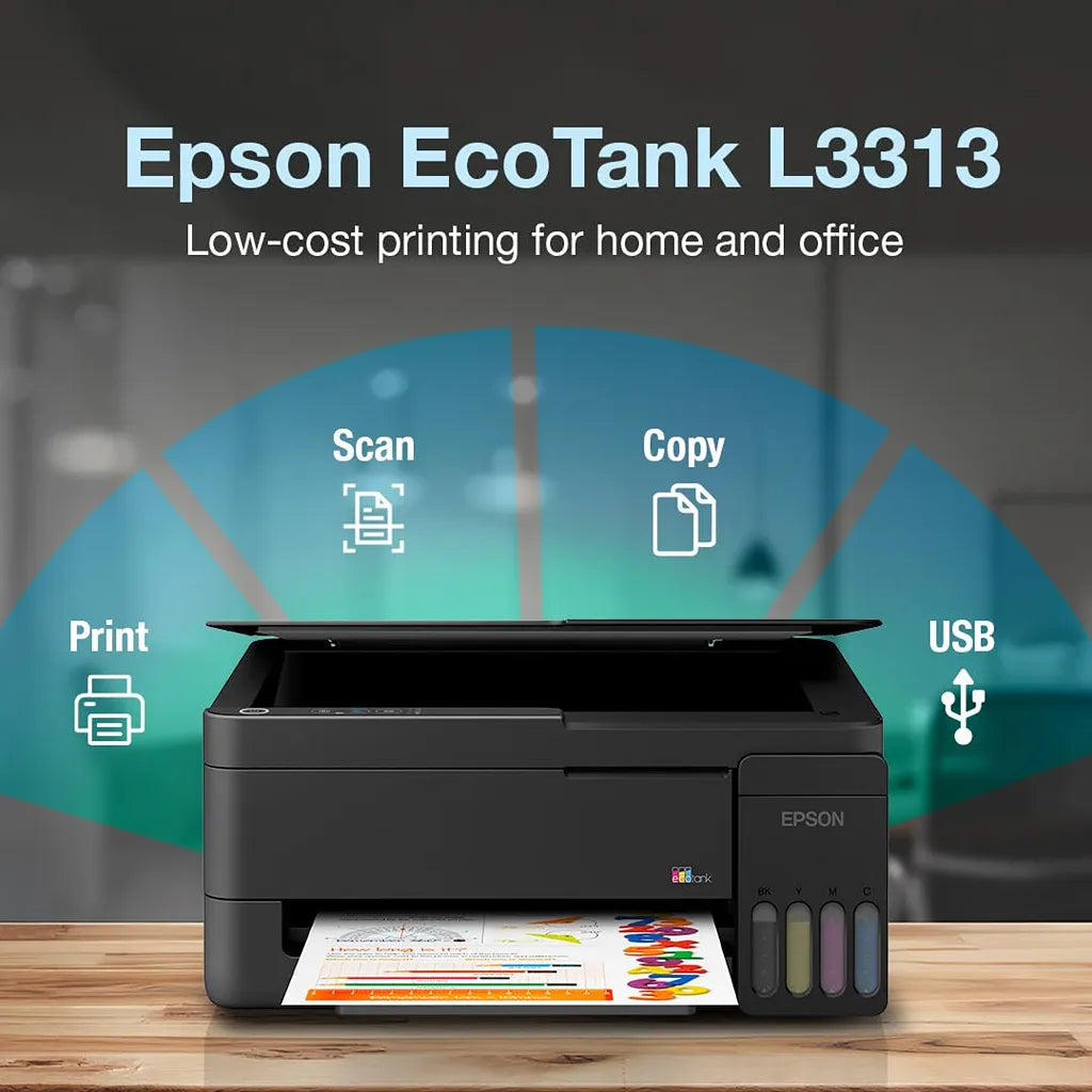 Epson EcoTank L3313 A4 Colour All-in-One Ink Tank Printer functions including print scan copy and USB connectivity -tpstech.in