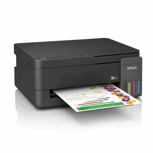 Epson EcoTank L3350 A4 Wi-Fi All-in-One Ink Tank Printer front left view with integrated refillable ink tank printing a color document -tpstech.in