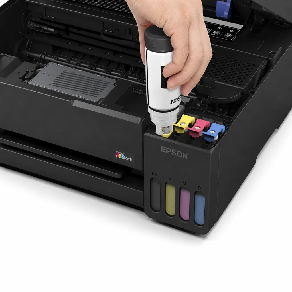Epson EcoTank L3351 spill-free ink refill system showing easy refill of integrated EcoTank ink reservoir