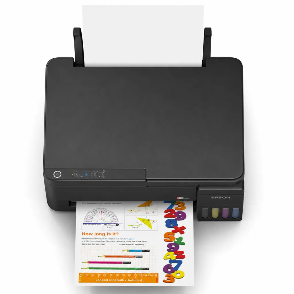 Top view of Epson EcoTank L3351 A4 Wi-Fi all-in-one ink tank printer with rear paper feeder and colour document printing