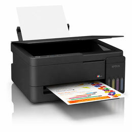 Epson EcoTank L3351 A4 Wi-Fi all-in-one ink tank printer front left angle with scanner lid open and colour document printing