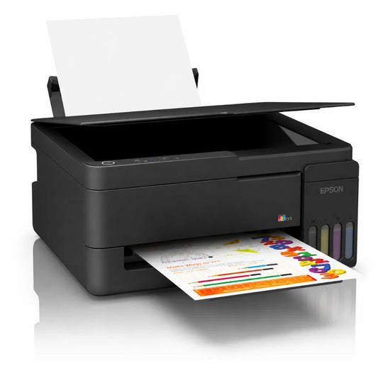 Epson EcoTank L3351 A4 Wi-Fi all-in-one ink tank printer front left angle with scanner lid open and colour document printing