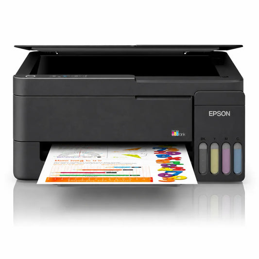 Front view of Epson EcoTank L3351 wireless all-in-one ink tank printer with integrated ink tank and colour print output