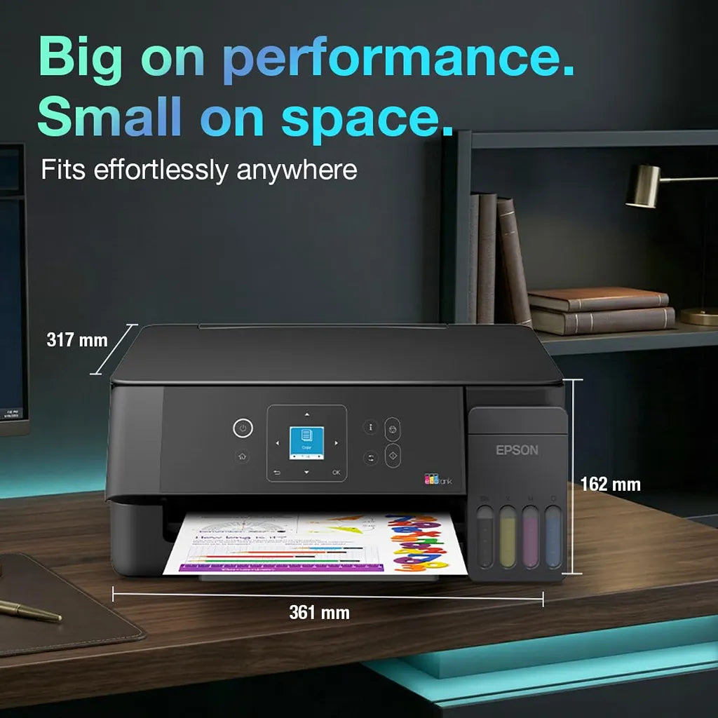 Compact Epson EcoTank L3360 A4 Wi-Fi Ink Tank Printer with space-saving design and product dimensions -tpstech.in