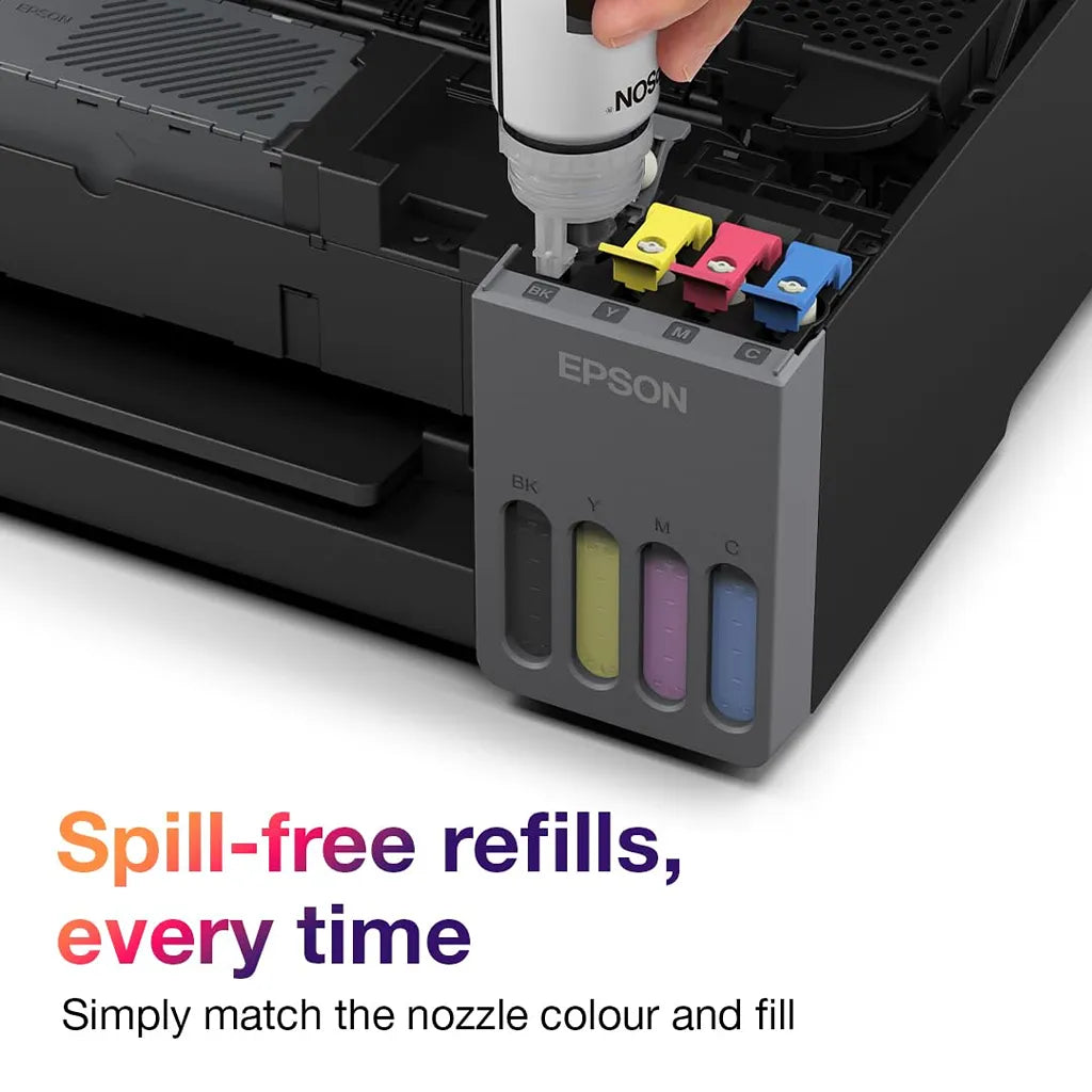 Epson EcoTank L3360 spill-free ink refill system with colour-coded refill bottles for easy maintenance -tpstech.in