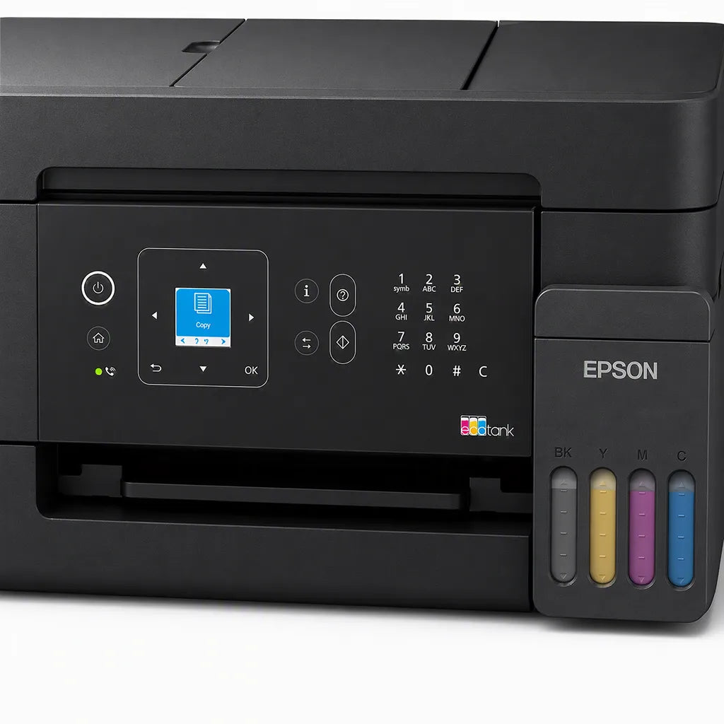 Close-up of the Epson EcoTank L5390 control panel with color LCD display, keypad, and integrated refillable EcoTank ink system on the multifunction ink tank printer.