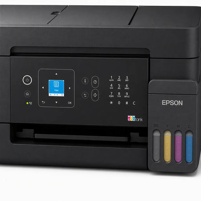 Close-up of the Epson EcoTank L5390 control panel with color LCD display, keypad, and integrated refillable EcoTank ink system on the multifunction ink tank printer.