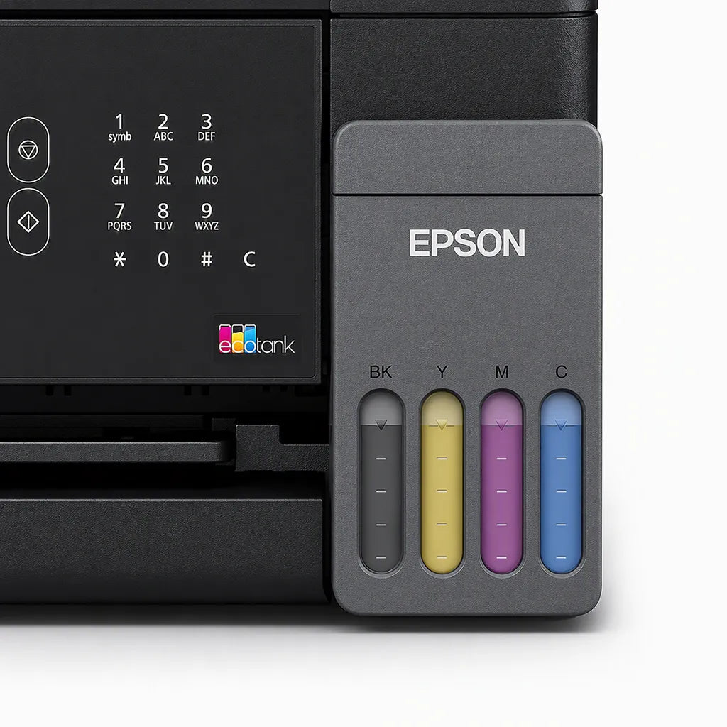 Close-up of the integrated refillable ink tank on the Epson EcoTank L5390 Wi-Fi All-in-One Ink Tank Printer showing BK, Yellow, Magenta, and Cyan ink level indicators.