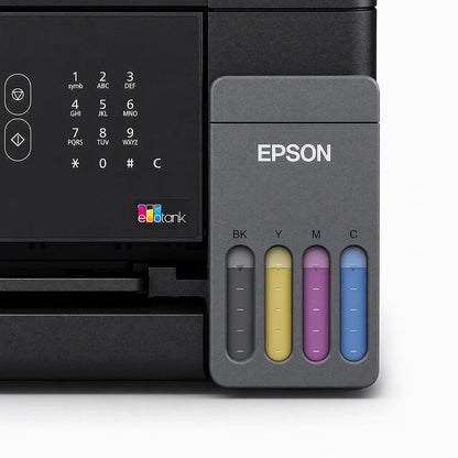 Close-up of the integrated refillable ink tank on the Epson EcoTank L5390 Wi-Fi All-in-One Ink Tank Printer showing BK, Yellow, Magenta, and Cyan ink level indicators.
