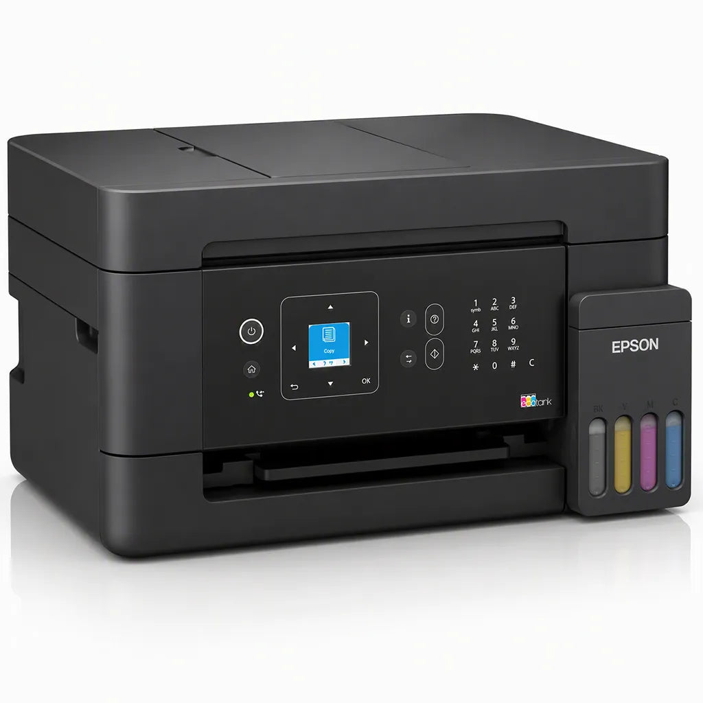 Front left angle view of the Epson EcoTank L5390 A4 Wi-Fi All-in-One Ink Tank Printer featuring the refillable EcoTank system and multifunction printing capabilities.