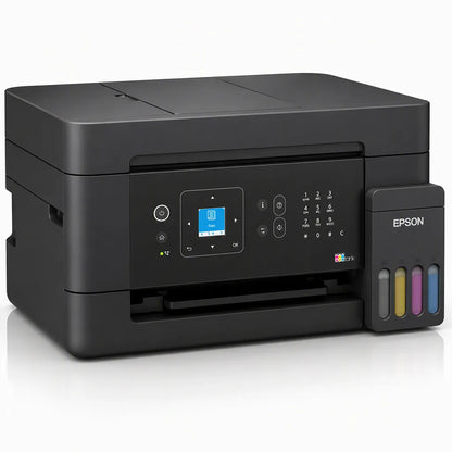 Front left angle view of the Epson EcoTank L5390 A4 Wi-Fi All-in-One Ink Tank Printer featuring the refillable EcoTank system and multifunction printing capabilities.