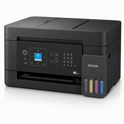 Front right angle view of the Epson EcoTank L5390 Wi-Fi All-in-One Ink Tank Printer with integrated EcoTank system, color LCD, and print, scan, copy, and fax functions.