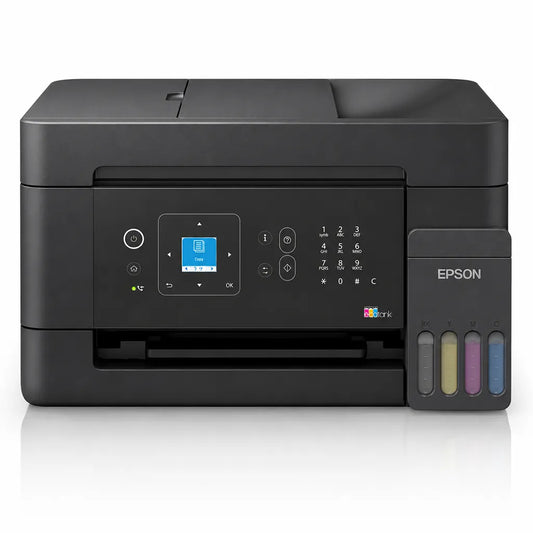 Front view of Epson EcoTank L5390 Wi-Fi All-in-One Ink Tank Printer with integrated refillable ink tank, color display, ADF, and print, scan, copy, fax functionality.