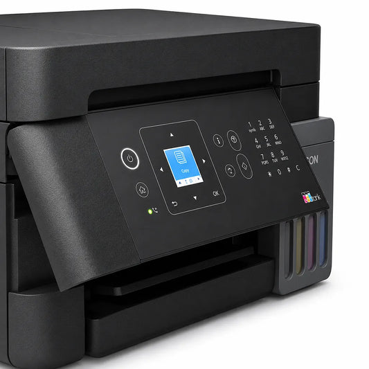 Right angle view of Epson EcoTank L5390 Wi-Fi All-in-One Ink Tank Printer featuring the control panel, refillable EcoTank ink system, color display, and multifunction print, scan, copy, and fax capabilities.