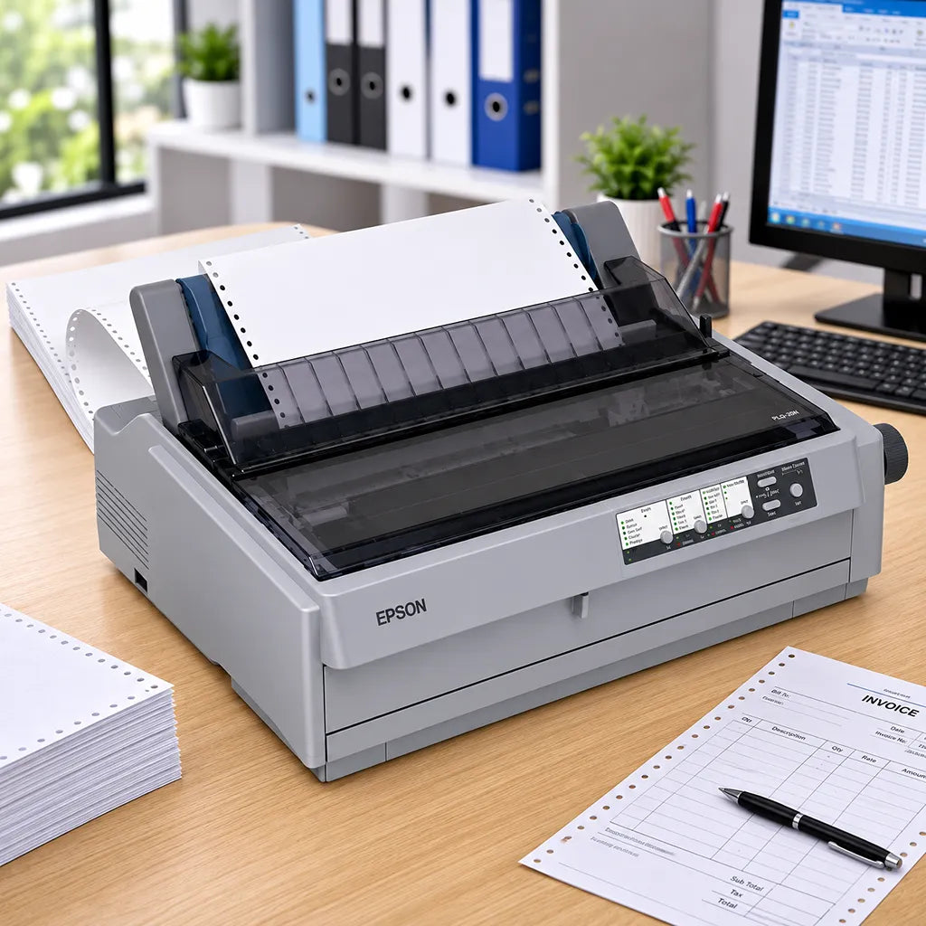 Epson LQ-2190 24-pin dot matrix printer in an office workspace printing continuous forms and invoices -tpstech.in