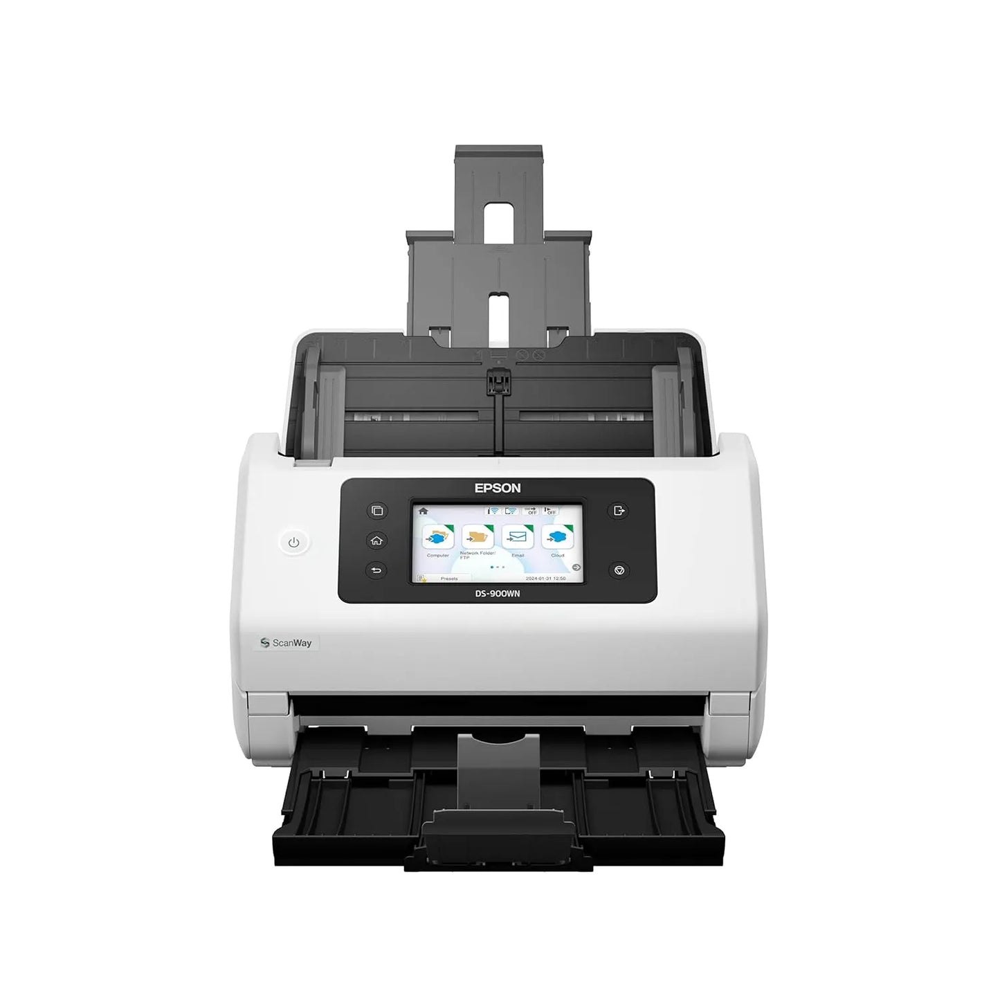 Epson WorkForce DS-900WN A4 Duplex Sheet-fed Document Scanner front view with paper tray and touch panel -tpstech.in