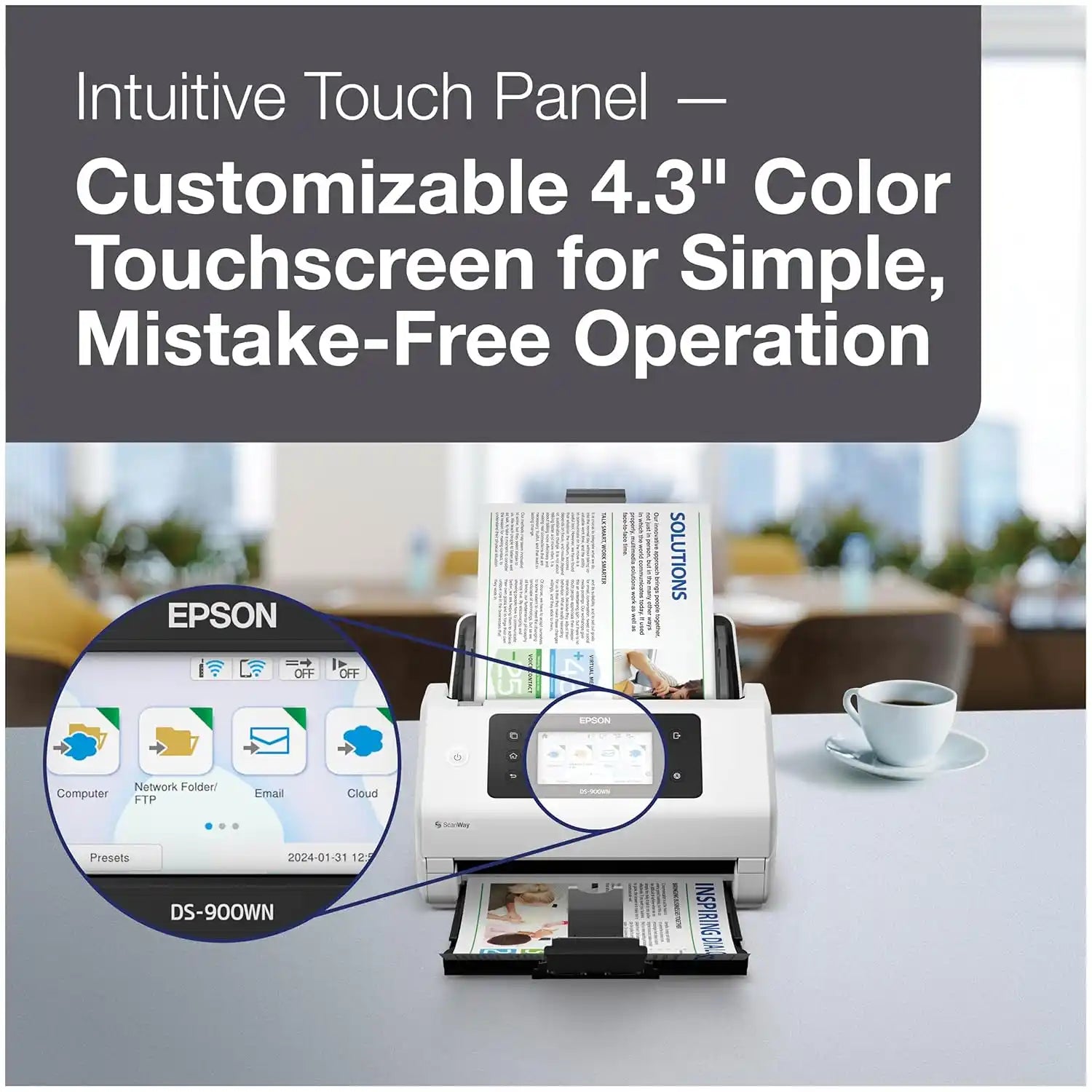Intuitive 4.3 inch customizable color touchscreen display on Epson WorkForce DS-900WN duplex document scanner -tpstech.in