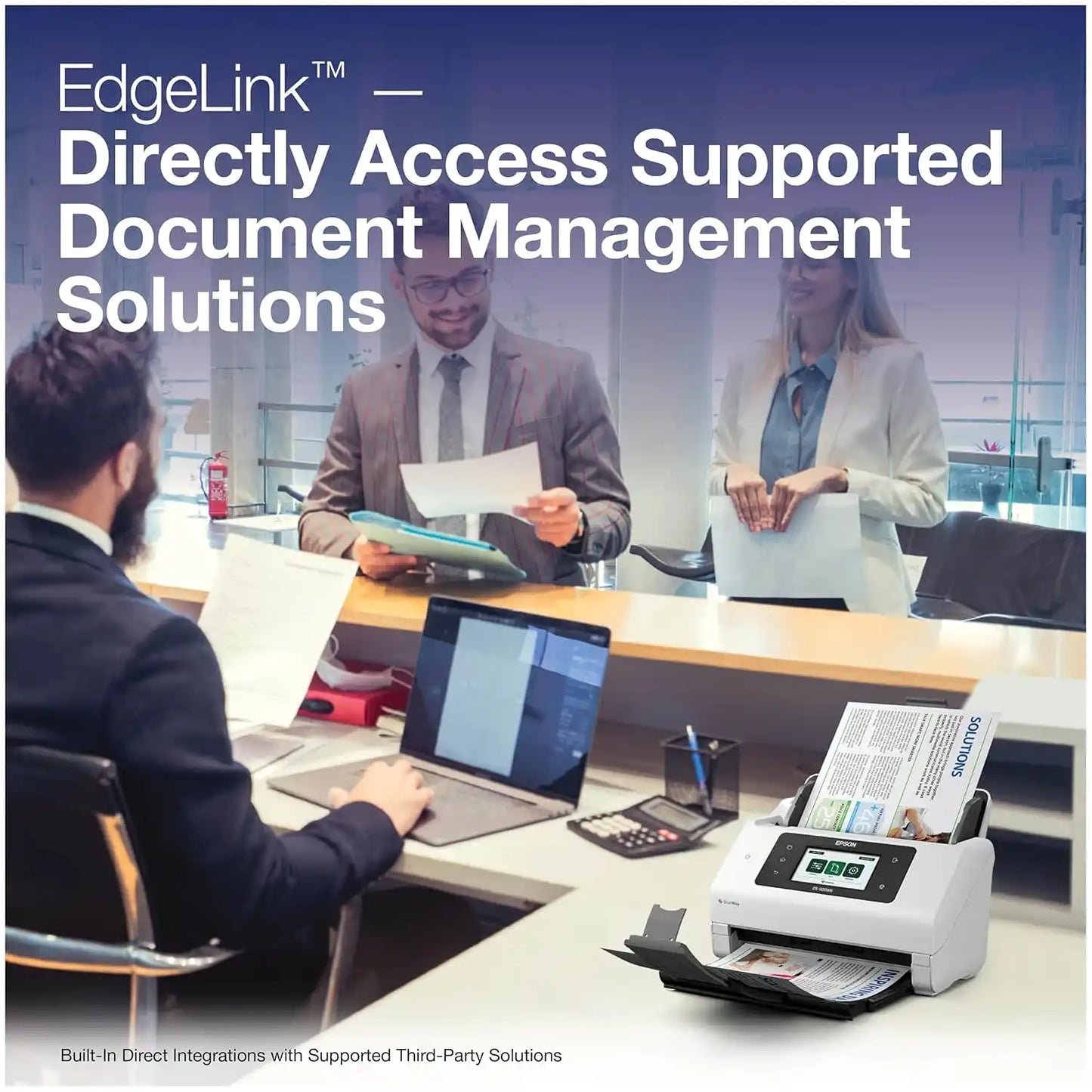 Epson WorkForce DS-900WN document scanner used on an office reception desk with EdgeLink document management integration -tpstech.in