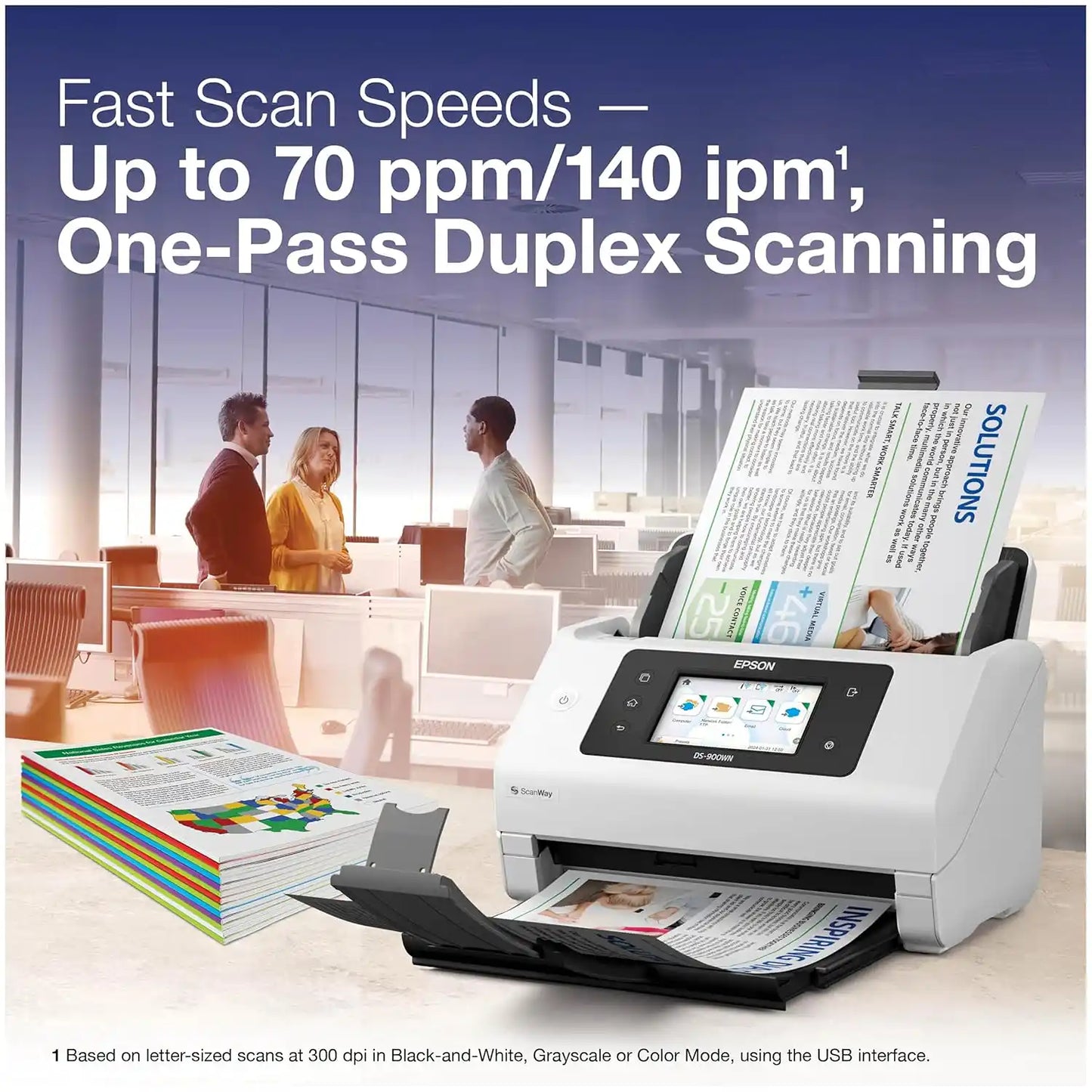 Fast one-pass duplex scanning at up to 70 ppm and 140 ipm with Epson WorkForce DS-900WN scanner in busy corporate office -tpstech.in
