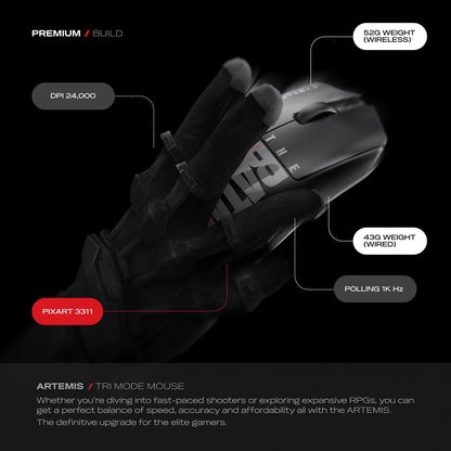 Armored gauntlet hand holding Cybeart Artemis The Batman 52g Ultra-Light Wireless Gaming Mouse showing 24000 DPI and polling rate -tpstech.in