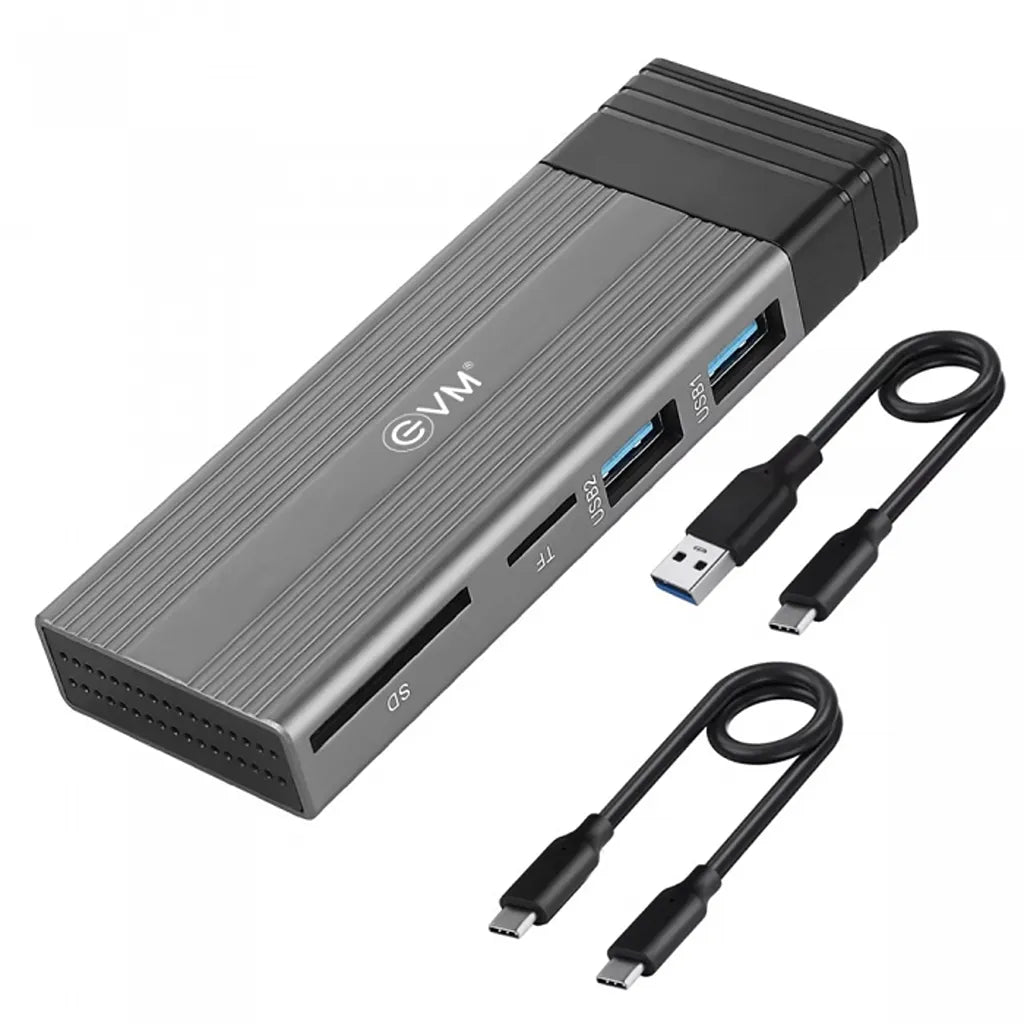 EVM CG-002 M.2 SSD Enclosure + Hub front view with dual USB 2.0 ports, SD and TF card slots, USB Type-C interface and included USB cables - tpstech.in