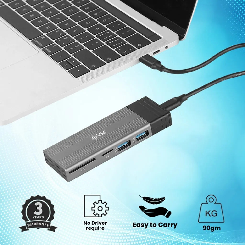 EVM CG-002 M.2 SSD Enclosure + Hub connected to a laptop featuring plug and play operation, lightweight design and 3-year warranty - tpstech.in