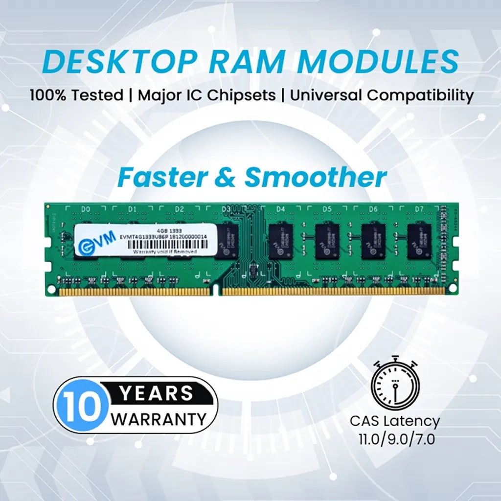 EVM EVMT4G1333U86P 4GB DDR3 Desktop RAM featuring universal compatibility, tested quality, CAS latency and 10-year warranty -tpstech.in