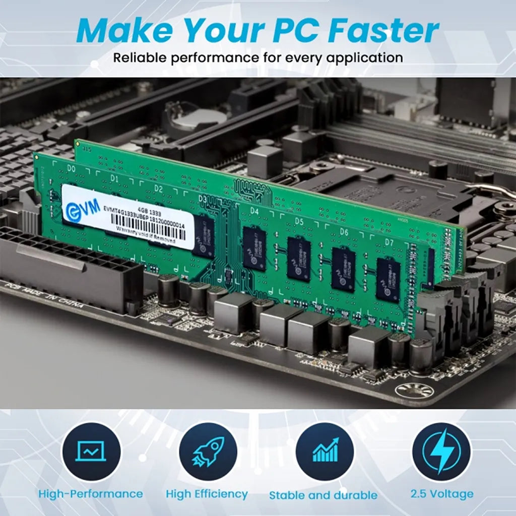 EVM EVMT4G1333U86P 4GB DDR3 1333MHz Desktop RAM installed on a desktop motherboard for reliable everyday computing -tpstech.in