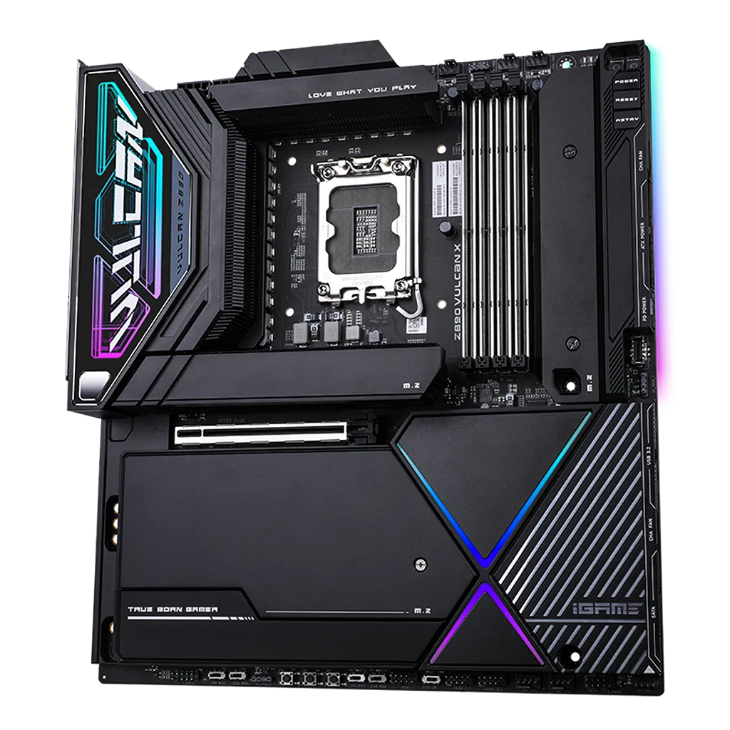 Colorful iGame Z890 VULCAN X V20 Intel Z890 motherboard front layout with DDR5 slots, PCIe 5.0, M.2 heatsinks, and RGB accents -tpstech.in