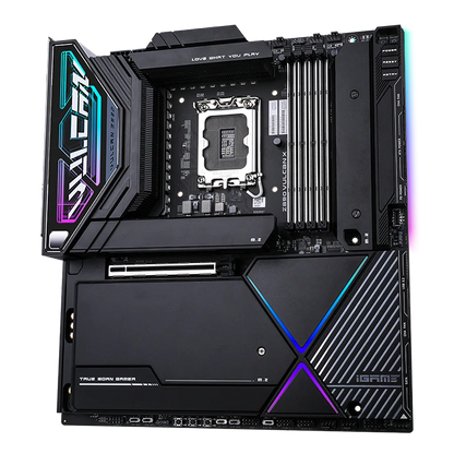 Colorful iGame Z890 VULCAN X V20 Intel Z890 motherboard front layout with DDR5 slots, PCIe 5.0, M.2 heatsinks, and RGB accents -tpstech.in