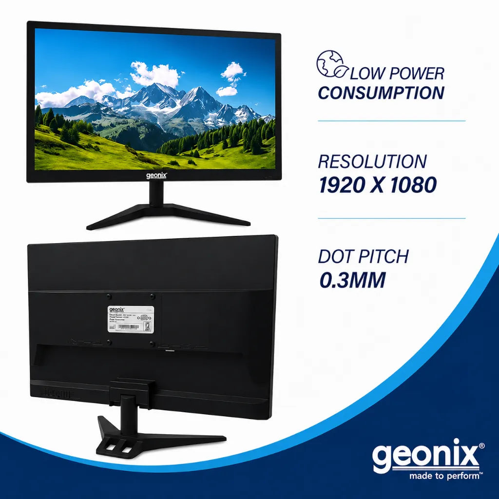 Front and rear view of Geonix GXTF-WVHDF24 24 Inch Full HD LED monitor with low power consumption and 1920 × 1080 resolution.