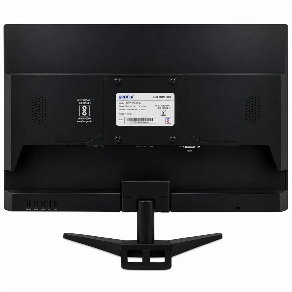 Rear view of Geonix GXTF-WVHDF24 LED monitor showing HDMI and VGA connectivity, control buttons and monitor stand.