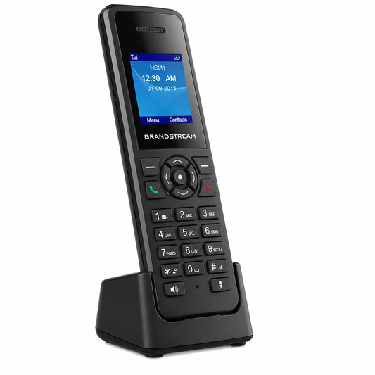 Grandstream DP720 DECT cordless VoIP handset left front angle view with HD color display and charging cradle -tpstech.in