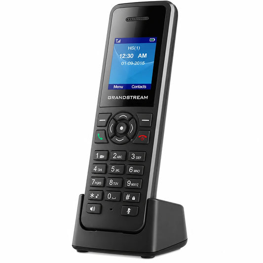 Grandstream DP720 DECT cordless VoIP handset with charging cradle front angle view compatible with DP755 DP752 and DP750 base stations -tpstech.in
