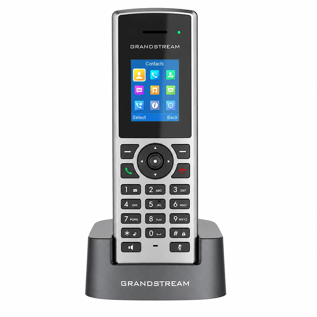 Grandstream DP722 DECT cordless HD handset front view with color display and charging cradle -tpstech.in
