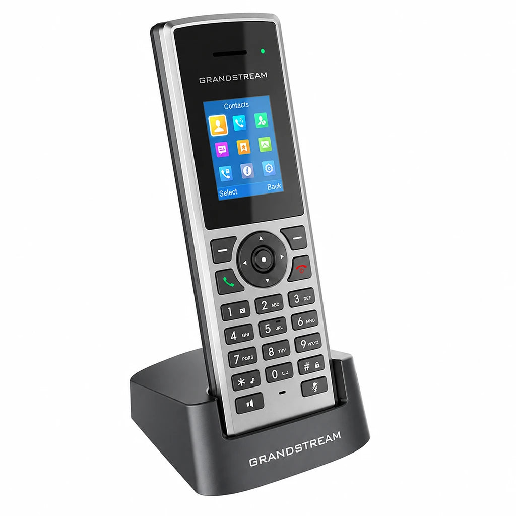 Grandstream DP722 DECT cordless HD handset angled front view with charging cradle for business VoIP communication -tpstech.in