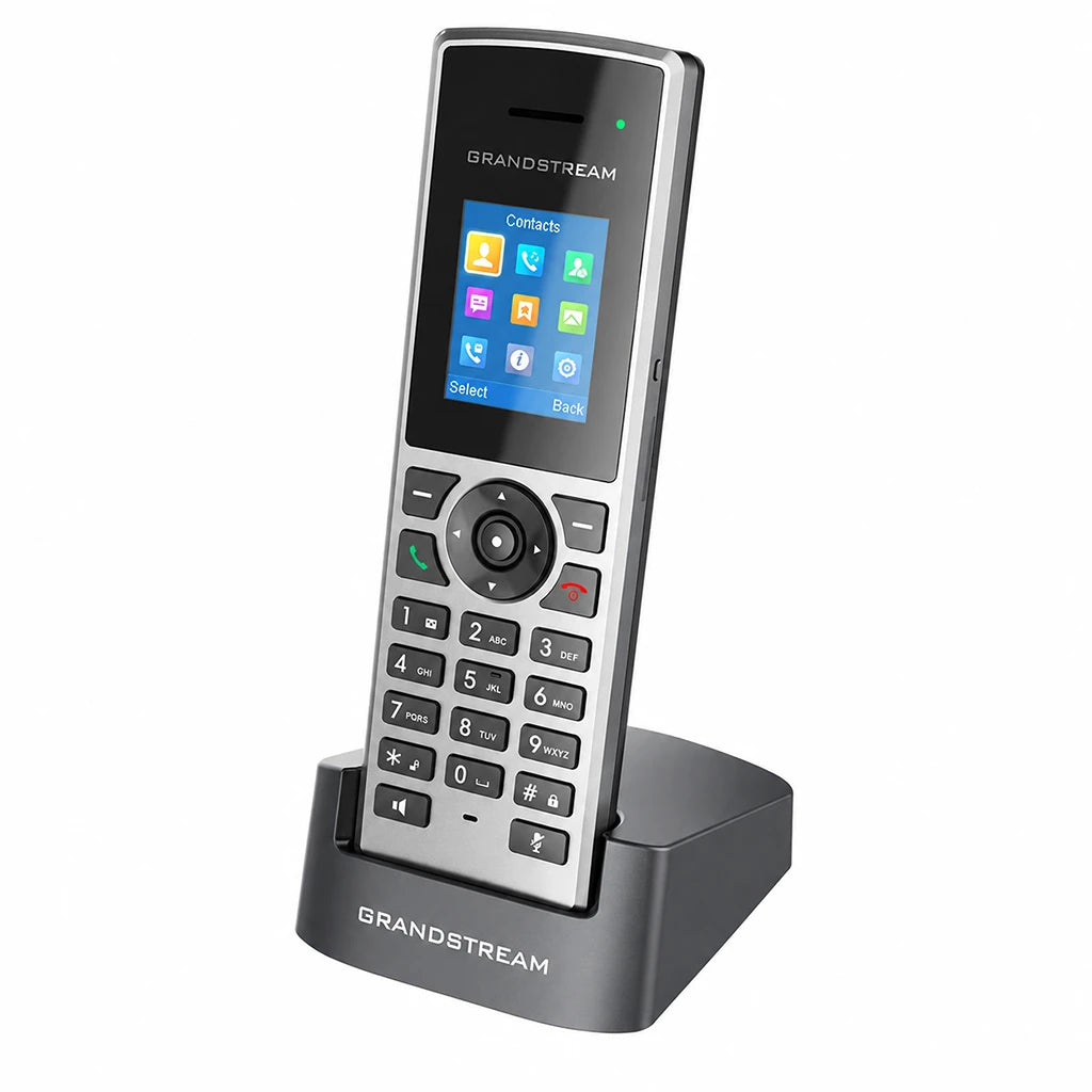 Grandstream DP722 DECT cordless HD handset with charging cradle front left view compatible with DP750 DP752 DP755 base stations -tpstech.in