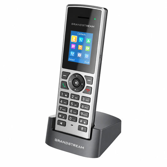 Grandstream DP722 DECT cordless HD handset with charging cradle front left view compatible with DP750 DP752 DP755 base stations -tpstech.in