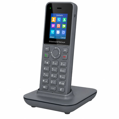 Grandstream DP725 DECT cordless HD handset angled front view with charging cradle for business VoIP communication - tpstech.in