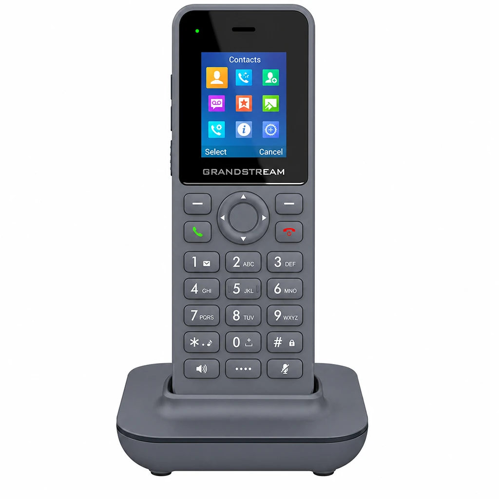 Grandstream DP725 DECT cordless HD handset placed on charging cradle compatible with DP750 DP752 and DP755 base stations - tpstech.in