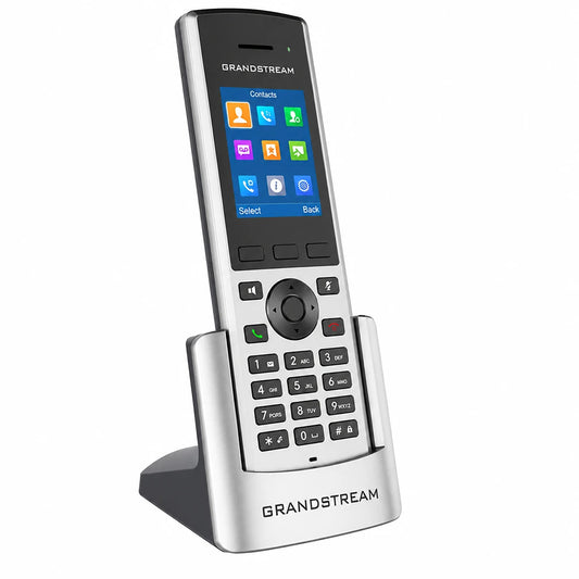 Grandstream DP730 DECT Cordless HD Handset angled view showing keypad, charging cradle and color display -tpstech.in