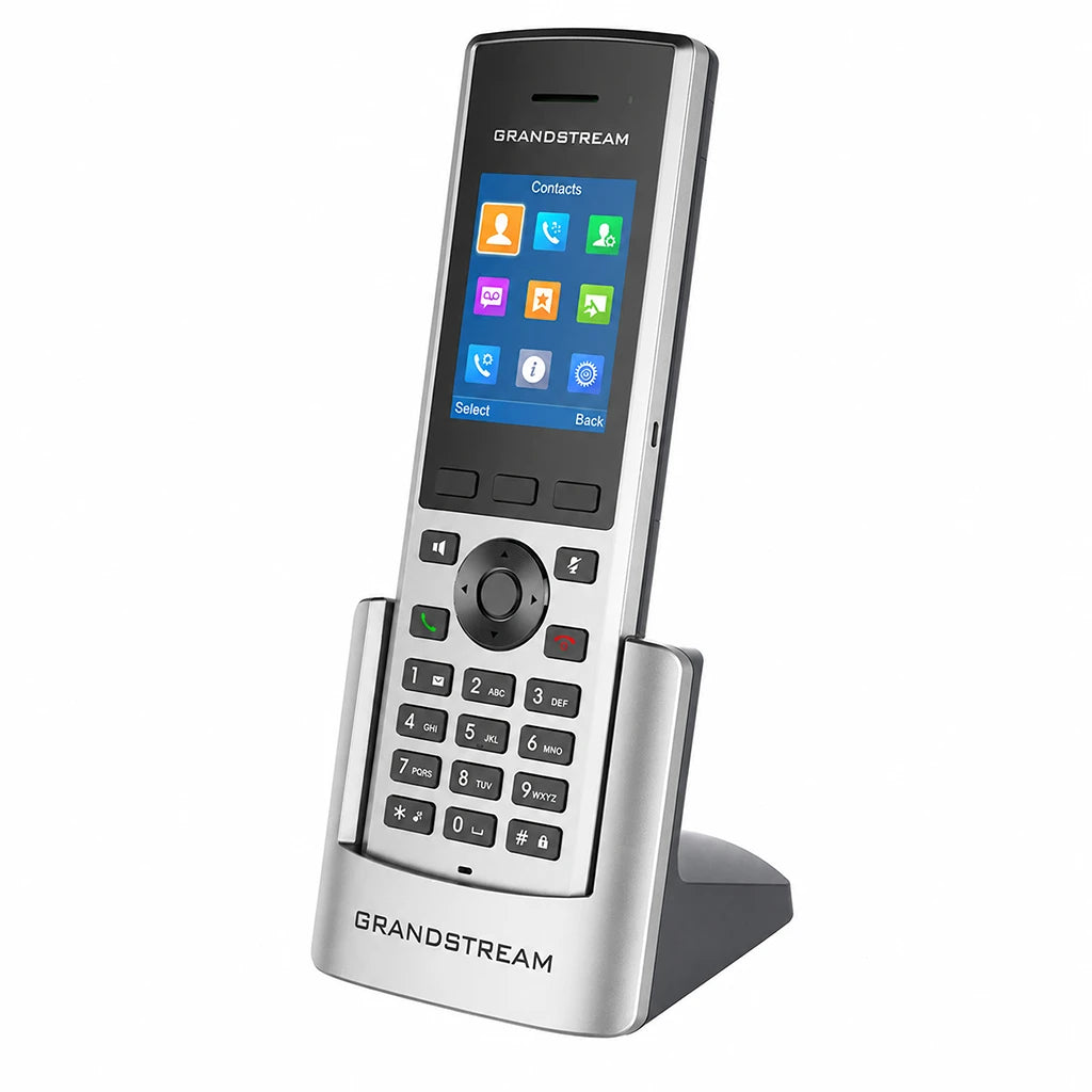 Grandstream DP730 DECT Cordless HD Handset front view with charging cradle and color display for business VoIP communication -tpstech.in