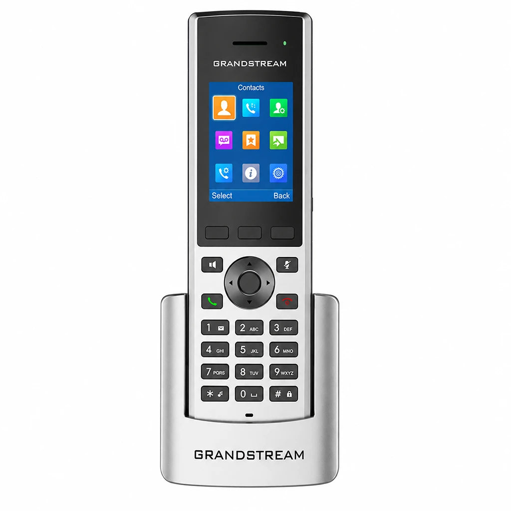 Grandstream DP730 DECT Cordless HD Handset front view with charging cradle, HD color display and navigation keys -tpstech.in