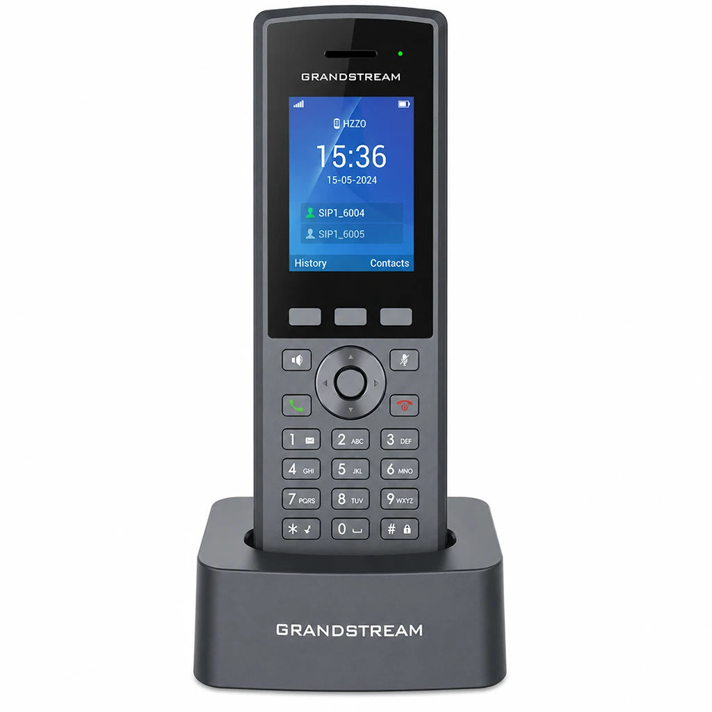 Grandstream DP735 Rugged DECT Cordless HD Handset front view with charging cradle featuring 2.4 inch color display -tpstech.in