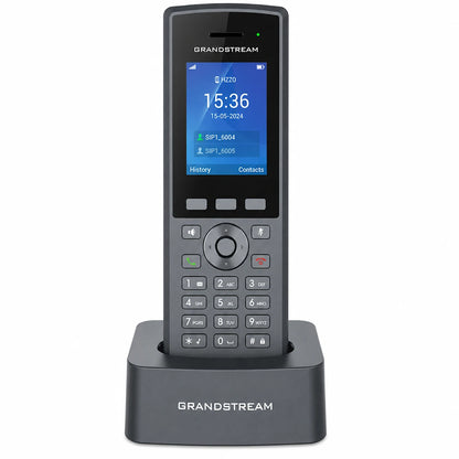 Grandstream DP735 Rugged DECT Cordless HD Handset front view with charging cradle featuring 2.4 inch color display -tpstech.in