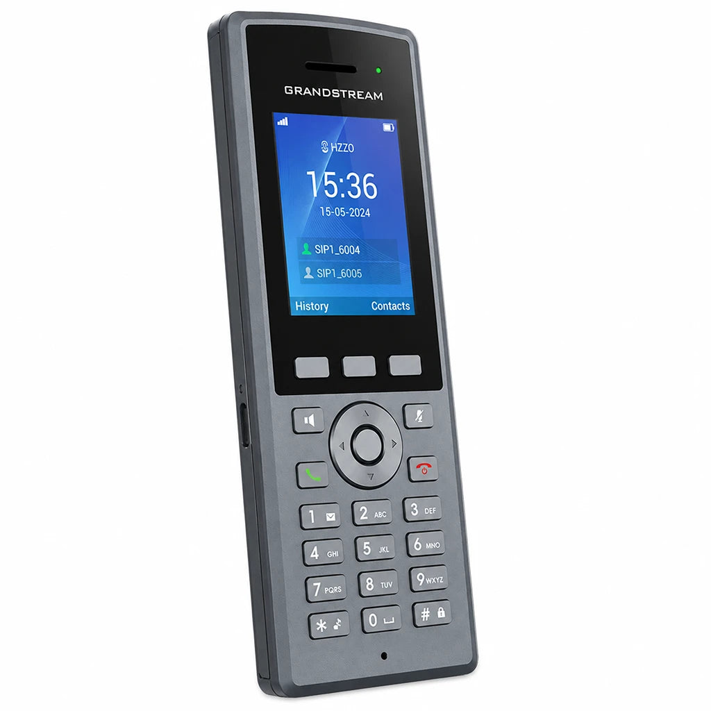Grandstream DP735 Rugged DECT Cordless HD Handset left angled view showcasing slim rugged design and color display -tpstech.in